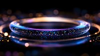 Glowing cosmic ring with sparkles and bokeh effects in dark space, featuring blue and purple iridescent shimmer against black background. Magical celestial design element.