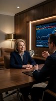 Mature woman in business attire discussing financial markets with male colleague in modern office boardroom with stock charts displayed on screen behind them.