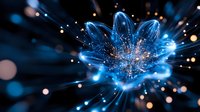 Glowing blue flower with magical sparkles and light rays bursting from center against dark background, creating ethereal bokeh effect and mystical atmosphere.