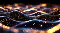 Abstract glowing waves with golden bokeh lights and particles on dark background creating futuristic digital landscape pattern.
