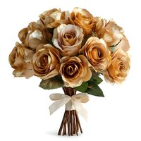Elegant bouquet of golden brown roses tied with cream ribbon on white background, isolated for wedding invitations, romantic greeting cards and floral designs.