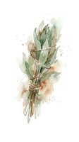 Watercolor herb bundle with green leaves tied with twine, featuring soft beige and earthy tones with splatter effects. Isolated botanical illustration for design, print, and craft projects.