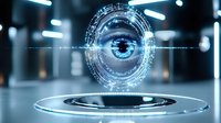 Futuristic blue eye scan with digital circular interface and holographic elements floating above reflective surface in dark technological environment.