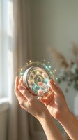 Hands holding glowing digital holographic interface with futuristic technology symbols and light effects in modern interior space for innovation concepts.