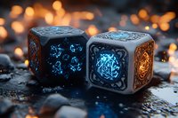 Glowing mystical dice with ornate patterns and magical symbols on dark background with bokeh lights, creating atmospheric fantasy gaming ambiance.