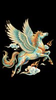 Ornate flying pegasus with wings, flames, and clouds in teal and gold tones, isolated on transparent background, ready for stickers, t-shirt design, and print on demand.