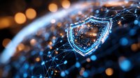 Glowing digital shield with network connections on dark background represents cybersecurity and data protection concept. Blue neon protection symbol.