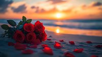 Red roses lying on sandy beach at sunset with scattered petals, dramatic orange sky and ocean waves create romantic atmosphere for Valentine's Day or anniversary celebration.