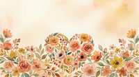 Soft watercolor floral border with heart shape, peach and coral roses, wildflowers, green leaves on warm beige background for cards.