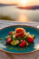 Fresh Mediterranean salad with prosciutto rose, cherry tomatoes, cucumber, feta cheese and arugula on turquoise plate against sunset ocean view background.