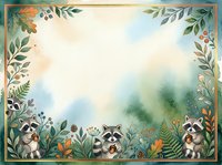 Watercolor woodland frame with raccoons, ferns, and botanical elements on cream background, ideal for invitations, greeting cards, and children's designs.