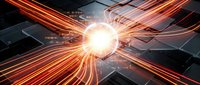 Futuristic digital technology concept with glowing orange light trails and geometric patterns on dark background for modern tech designs.