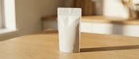 White blank stand-up pouch mockup on wooden table in modern kitchen interior with natural sunlight for branding and packaging design projects.