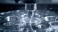Industrial CNC machine drilling metal with coolant spray creating dynamic splash pattern in manufacturing process. Close up view shows precision metalworking operation.