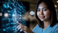 Young Asian businesswoman interacting with futuristic holographic data visualization in modern office environment for technology presentations.