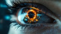 Futuristic human eye macro with glowing orange digital circle and technology elements reflected in pupil against dark background with blue accents.