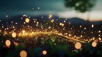 Magical glowing fireflies illuminate summer night meadow against mountain silhouette at dusk, creating enchanting natural light display.