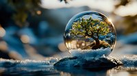 Winter crystal ball with miniature tree scene resting on snow-covered surface with bokeh lights creating magical atmosphere for seasonal decoration concepts.