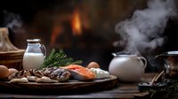 Rustic food composition with steaming teapot, fresh salmon, mushrooms, and milk on wooden board against dark background with fireplace glow.