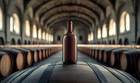 Wine bottle on oak barrel in historic winery cellar with rows of wooden casks and arched stone ceiling, dramatic lighting creates atmospheric mood.
