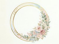 Circular golden frame adorned with soft pink roses, white flowers, and eucalyptus leaves on cream background. Perfect for wedding invitations, greeting cards, and decorative designs.