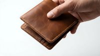 Hand holding brown leather wallet with stitched edges on white background. Handcrafted accessory for men's fashion and personal finance management.