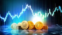 Golden cryptocurrency coins against digital trading chart background showing market volatility and price movement in blue and green gradient lighting.