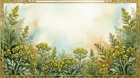 Watercolor botanical frame with yellow wildflowers and green herbs, gold border, soft pastel background, vintage style for cards and prints.