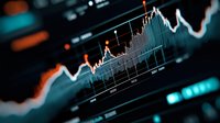 Financial market data visualization showing trading chart with candlestick pattern and line graphs in blue and orange tones on dark background.