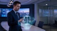 Professional businessman in dark suit interacting with holographic justice scales in modern office, representing legal technology and digital law services.