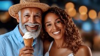 Cheerful mature African American man with white beard and straw hat sharing ice cream cone with young curly-haired woman outdoors at night with bokeh lights background.