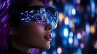Futuristic smart glasses with digital display reflection showing glowing network connections on dark background with purple neon lighting and bokeh effects.