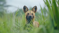 African wild dog with alert expression peering through tall green grass in natural habitat, showcasing distinctive large ears and golden coat.