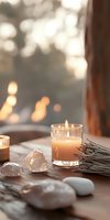 Glowing candle in glass holder alongside healing crystals and dried herbs on wooden surface, creating serene spa atmosphere with soft bokeh background lighting.