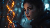 Young woman with dark hair gazes thoughtfully at glowing DNA helix structure against blurred blue background with bokeh lights, representing genetic research and science.