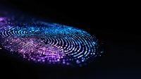Digital fingerprint made of glowing particles in purple and blue colors on black background for cybersecurity and biometric authentication concepts.