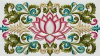 Ornate lotus flower embroidery design with decorative flourishes and scrollwork in pink, green and teal colors on white background for textile arts.
