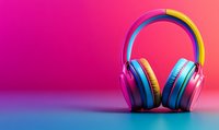 Colorful wireless headphones on vibrant gradient background from pink to blue. Modern audio equipment with neon colors and soft lighting creates dynamic composition.