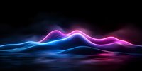 Glowing neon waves in blue and pink colors reflect on dark water surface creating futuristic abstract landscape with luminous light trails and motion effect.