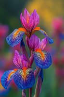Vibrant iris flowers with pink and blue petals featuring intricate vein patterns against blurred colorful background. Close-up nature photography shows delicate details.