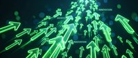 Glowing neon arrows pointing upward in green light with innovation text, representing growth, success, and forward momentum for business and technology concepts.