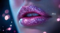 Sensual lips covered in sparkling pink glitter makeup with bokeh light effects in dark blue background, extreme macro beauty shot for cosmetic advertising.
