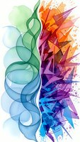 Abstract watercolor composition with flowing organic curves contrasting sharp geometric fragments in vibrant rainbow spectrum on white background.