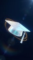 Futuristic graduation cap with holographic display and golden particles floating in space representing digital education achievement and academic success.