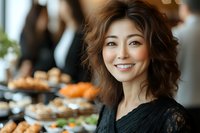 Asian woman with bright smile wearing black lace dress at catering event with assorted pastries and appetizers on buffet table in background. Professional hospitality setting.