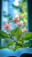 Delicate pink dogwood flowers bloom above open book pages against soft bokeh background, creating dreamy spring atmosphere for reading and nature inspiration.