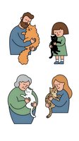 Happy pet owners holding cats collection featuring diverse people cuddling felines isolated on white background for design projects and pet care materials.