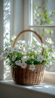 Woven basket filled with fresh white cosmos flowers on sunny windowsill, natural morning light casting soft shadows through window, creating serene spring atmosphere.