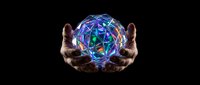 Hands holding glowing digital sphere with colorful neural network patterns, representing artificial intelligence, technology innovation, and data processing for business and science applications.