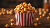 Sweet caramel popcorn in striped red and white container on wooden table with scattered kernels, warm lighting creates appetizing mood for movie snack.